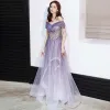 Chic / Beautiful Purple Dancing Prom Dresses 2020 A-Line / Princess Off-The-Shoulder Short Sleeve Beading Sequins Glitter Tulle Floor-Length / Long Ruffle Backless Formal Dresses