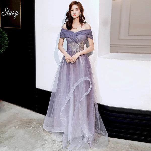 Schöne Violett Tanzen Ballkleider 2020 A Linie Off Shoulder Kurze Ärmel Perlenstickerei Pailletten Glanz Tülle Lange Rüschen Rückenfreies Festliche Kleider