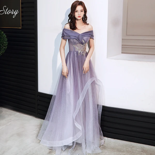Schöne Violett Tanzen Ballkleider 2020 A Linie Off Shoulder Kurze Ärmel Perlenstickerei Pailletten Glanz Tülle Lange Rüschen Rückenfreies Festliche Kleider