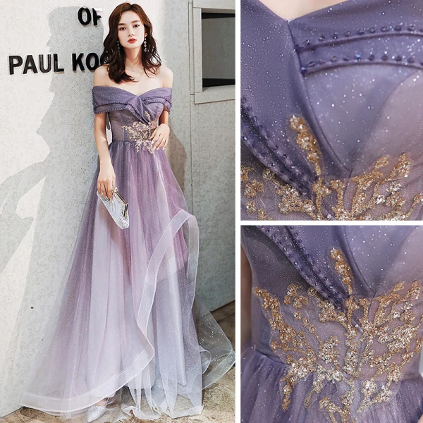 Schöne Violett Tanzen Ballkleider 2020 A Linie Off Shoulder Kurze Ärmel Perlenstickerei Pailletten Glanz Tülle Lange Rüschen Rückenfreies Festliche Kleider