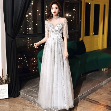 Chinese Stijl Zilveren Doorzichtige Avondjurken 2020 A Lijn Hoge Kraag 1 2 Mouwen Rhinestone Appliques Pailletten Lange Ruche Gelegenheid Jurken