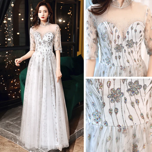 Chinesischer Stil Silber Durchsichtige Abendkleider 2020 A Linie Stehkragen 1/2 Ärmel Strass Applikationen Pailletten Lange Rüschen Festliche Kleider