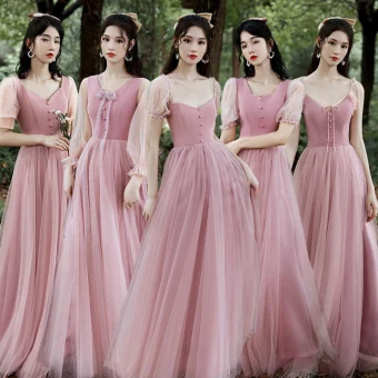 Abordable Rougissant Rose Robe Demoiselle D Honneur 2020 Princesse Dos Nu Longue Volants