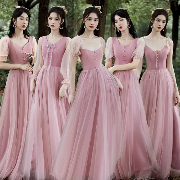 Affordable Blushing Pink Bridesmaid Dresses 2020 A-Line / Princess Backless Floor-Length / Long Ruffle