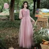 Affordable Blushing Pink Bridesmaid Dresses 2020 A-Line / Princess Backless Floor-Length / Long Ruffle
