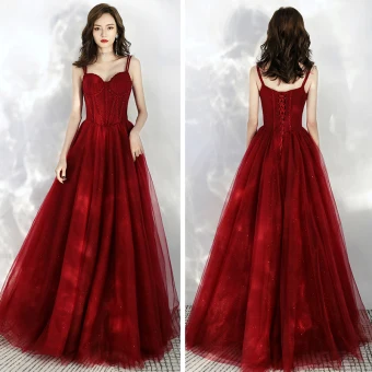 Chic Belle Bordeaux Robe De Bal 2020 Princesse Bretelles Spaghetti Sans Manches Perlage Glitter Tulle Longue Volants Dos Nu Robe De Ceremonie