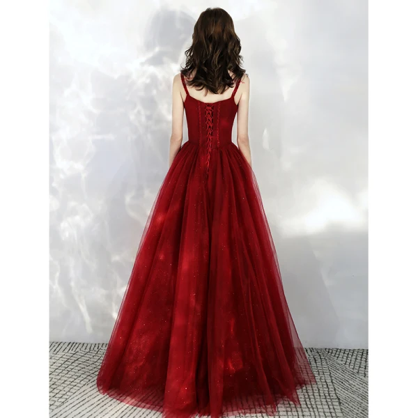 Chic / Beautiful Burgundy Prom Dresses 2020 A-Line / Princess Spaghetti Straps Sleeveless Beading Glitter Tulle Floor-Length / Long Ruffle Backless Formal Dresses