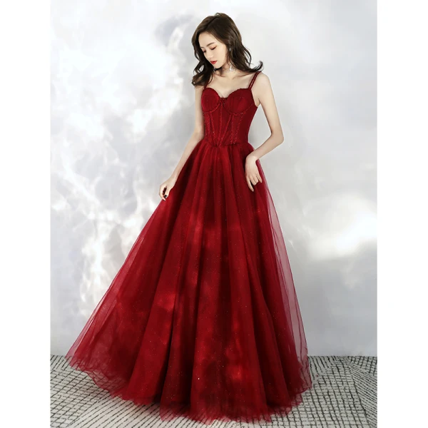 Chic / Beautiful Burgundy Prom Dresses 2020 A-Line / Princess Spaghetti Straps Sleeveless Beading Glitter Tulle Floor-Length / Long Ruffle Backless Formal Dresses