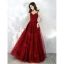 Chic / Beautiful Burgundy Prom Dresses 2020 A-Line / Princess Spaghetti Straps Sleeveless Beading Glitter Tulle Floor-Length / Long Ruffle Backless Formal Dresses