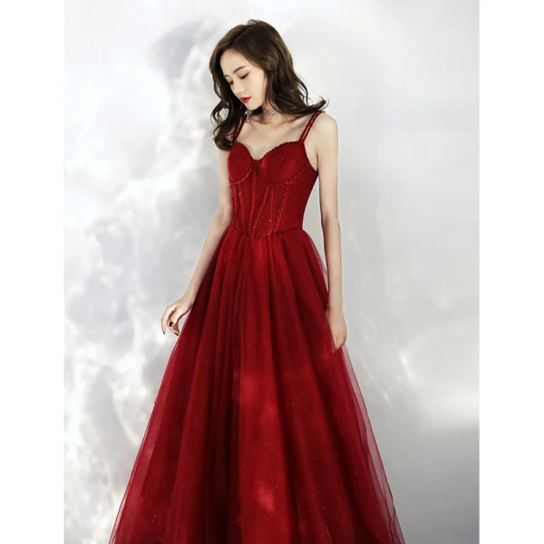 Chic / Beautiful Burgundy Prom Dresses 2020 A-Line / Princess Spaghetti Straps Sleeveless Beading Glitter Tulle Floor-Length / Long Ruffle Backless Formal Dresses