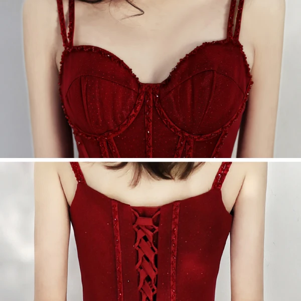 Chic / Beautiful Burgundy Prom Dresses 2020 A-Line / Princess Spaghetti Straps Sleeveless Beading Glitter Tulle Floor-Length / Long Ruffle Backless Formal Dresses