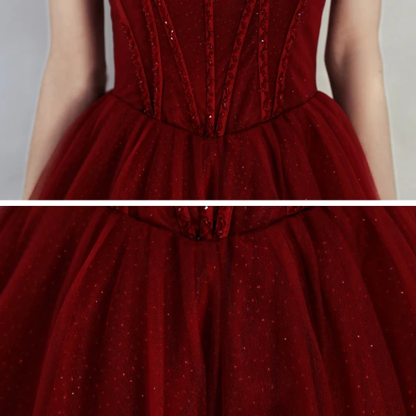 Chic / Beautiful Burgundy Prom Dresses 2020 A-Line / Princess Spaghetti Straps Sleeveless Beading Glitter Tulle Floor-Length / Long Ruffle Backless Formal Dresses