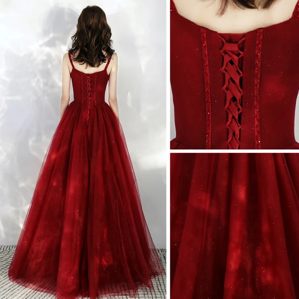 Chic / Beautiful Burgundy Prom Dresses 2020 A-Line / Princess Spaghetti Straps Sleeveless Beading Glitter Tulle Floor-Length / Long Ruffle Backless Formal Dresses