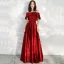 Affordable Red Satin Prom Dresses 2020 A-Line / Princess Off-The-Shoulder Short Sleeve Bow Sash Floor-Length / Long Ruffle Backless Formal Dresses