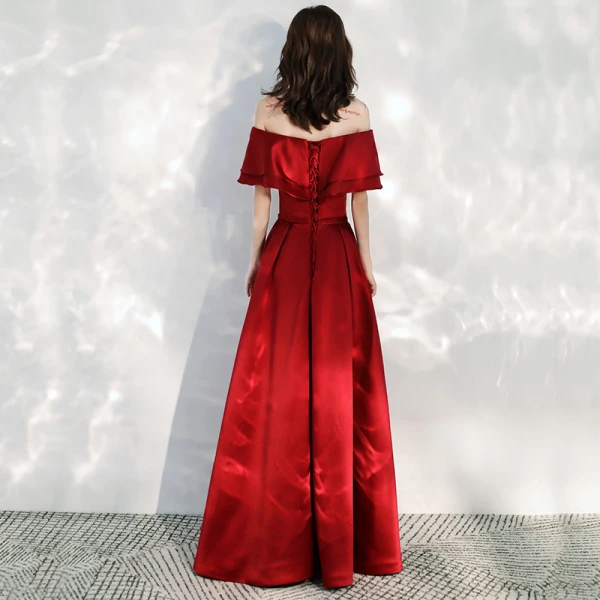 Affordable Red Satin Prom Dresses 2020 A-Line / Princess Off-The-Shoulder Short Sleeve Bow Sash Floor-Length / Long Ruffle Backless Formal Dresses