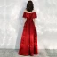 Affordable Red Satin Prom Dresses 2020 A-Line / Princess Off-The-Shoulder Short Sleeve Bow Sash Floor-Length / Long Ruffle Backless Formal Dresses