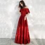 Affordable Red Satin Prom Dresses 2020 A-Line / Princess Off-The-Shoulder Short Sleeve Bow Sash Floor-Length / Long Ruffle Backless Formal Dresses