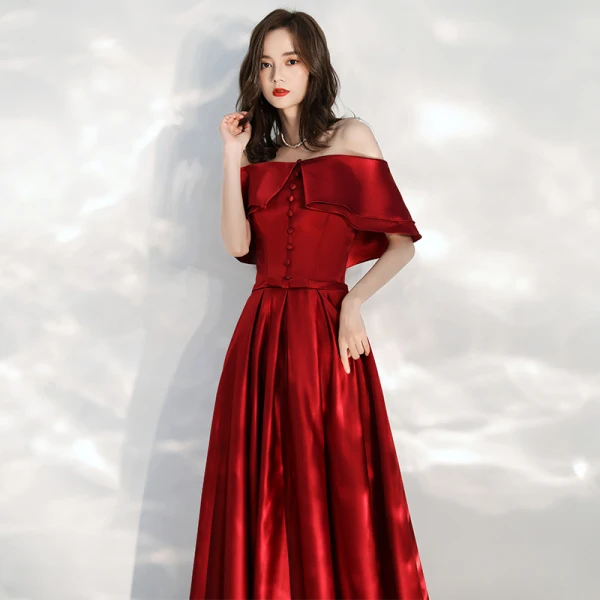 Affordable Red Satin Prom Dresses 2020 A-Line / Princess Off-The-Shoulder Short Sleeve Bow Sash Floor-Length / Long Ruffle Backless Formal Dresses