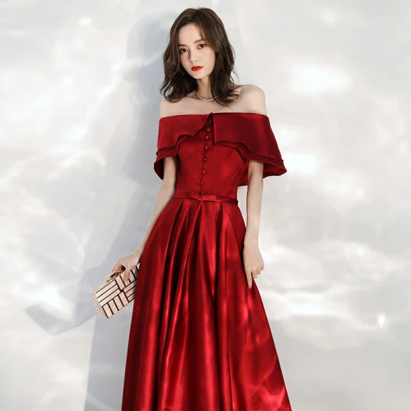 Affordable Red Satin Prom Dresses 2020 A-Line / Princess Off-The-Shoulder Short Sleeve Bow Sash Floor-Length / Long Ruffle Backless Formal Dresses