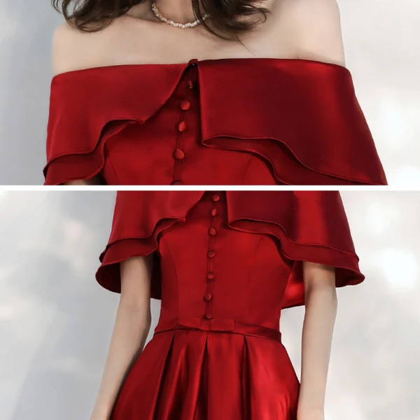 Affordable Red Satin Prom Dresses 2020 A-Line / Princess Off-The-Shoulder Short Sleeve Bow Sash Floor-Length / Long Ruffle Backless Formal Dresses