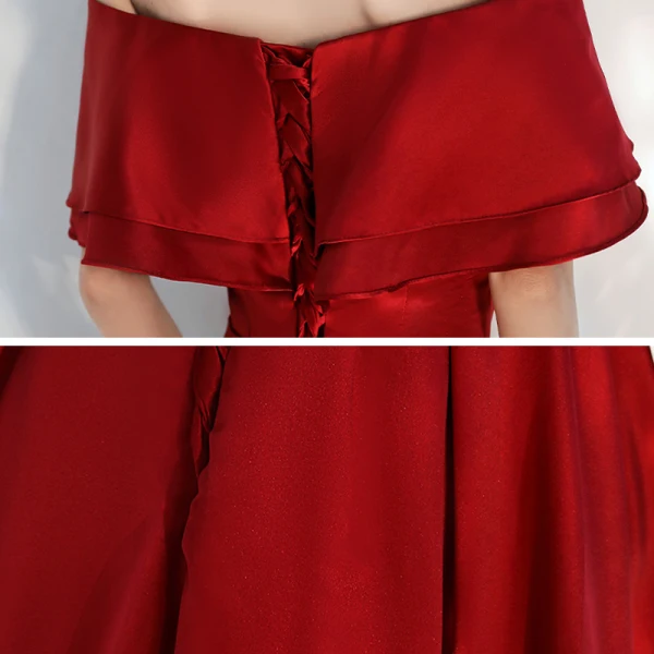 Affordable Red Satin Prom Dresses 2020 A-Line / Princess Off-The-Shoulder Short Sleeve Bow Sash Floor-Length / Long Ruffle Backless Formal Dresses