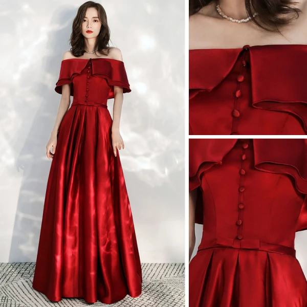 Affordable Red Satin Prom Dresses 2020 A-Line / Princess Off-The-Shoulder Short Sleeve Bow Sash Floor-Length / Long Ruffle Backless Formal Dresses