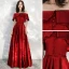 Affordable Red Satin Prom Dresses 2020 A-Line / Princess Off-The-Shoulder Short Sleeve Bow Sash Floor-Length / Long Ruffle Backless Formal Dresses