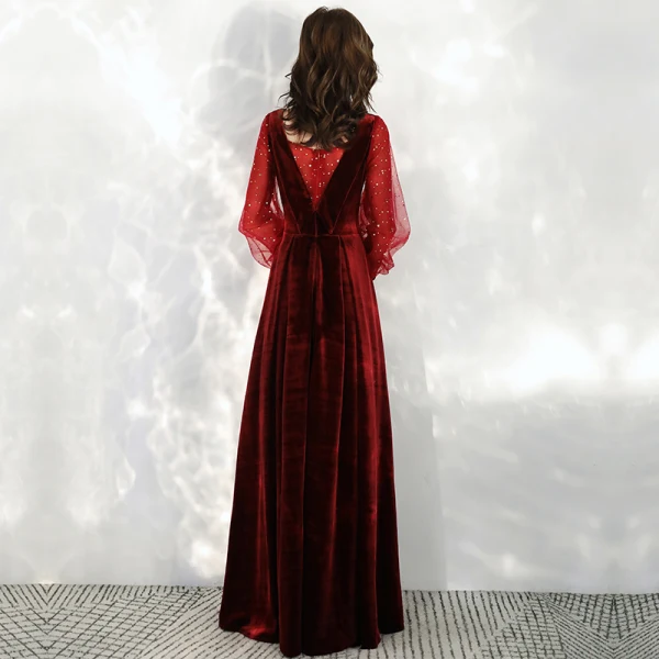 Style Victorien Bordeaux Velour Robe De Soirée 2020 Princesse V-Cou Transparentes Gonflée Manches Longues Étoile Paillettes Longue Volants Dos Nu Robe De Ceremonie