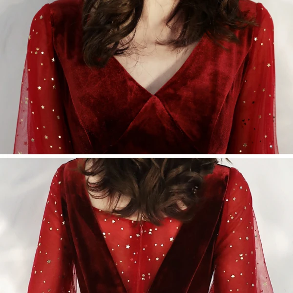 Style Victorien Bordeaux Velour Robe De Soirée 2020 Princesse V-Cou Transparentes Gonflée Manches Longues Étoile Paillettes Longue Volants Dos Nu Robe De Ceremonie
