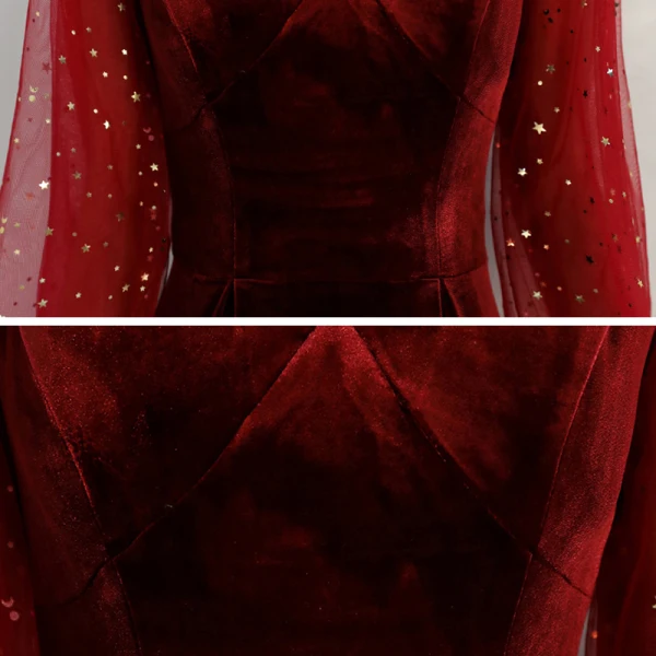 Style Victorien Bordeaux Velour Robe De Soirée 2020 Princesse V-Cou Transparentes Gonflée Manches Longues Étoile Paillettes Longue Volants Dos Nu Robe De Ceremonie