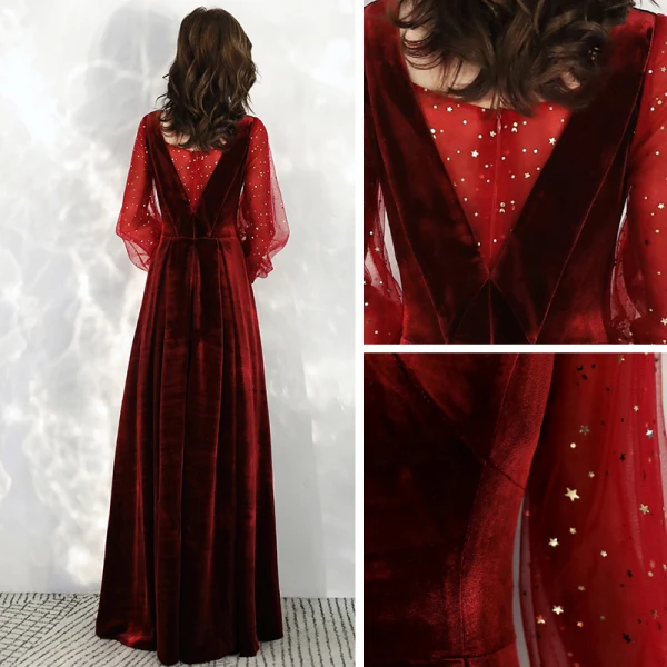 Style Victorien Bordeaux Velour Robe De Soirée 2020 Princesse V-Cou Transparentes Gonflée Manches Longues Étoile Paillettes Longue Volants Dos Nu Robe De Ceremonie