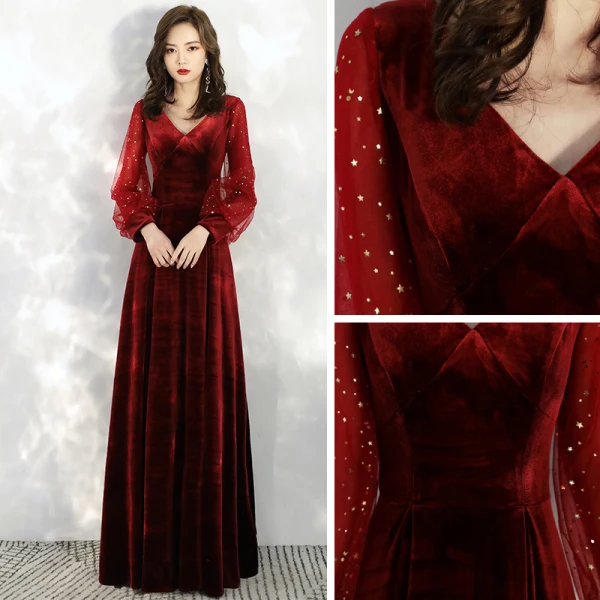 Style Victorien Bordeaux Velour Robe De Soirée 2020 Princesse V-Cou Transparentes Gonflée Manches Longues Étoile Paillettes Longue Volants Dos Nu Robe De Ceremonie