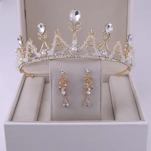 Snygga Fina Guld Tiara Örhängen Brud Huvudbonad 2020 Legering Kristall Pärla Rhinestone Bröllop Tillbehör
