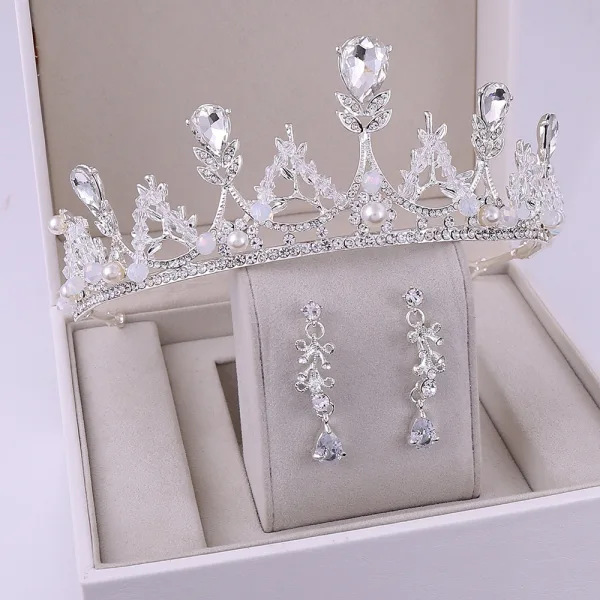 Chic / Beautiful Gold Tiara Earrings Bridal Hair Accessories 2020 Alloy Crystal Pearl Rhinestone Wedding Accessories