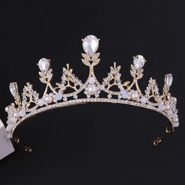 Chic / Beautiful Gold Tiara Earrings Bridal Hair Accessories 2020 Alloy Crystal Pearl Rhinestone Wedding Accessories