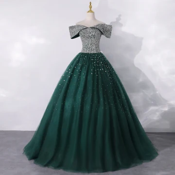 High End Dark Green Dancing Prom Dresses 2020 A Line Princess Off The Shoulder Short Sleeve Sequins Floor Length Long Ruffle Backless Formal Dresses