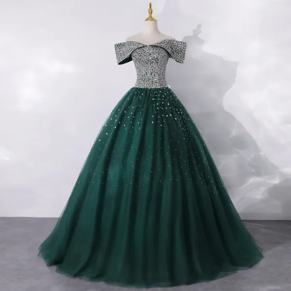 High-end Dark Green Dancing Prom Dresses 2020 A-Line / Princess Off-The-Shoulder Short Sleeve Sequins Floor-Length / Long Ruffle Backless Formal Dresses