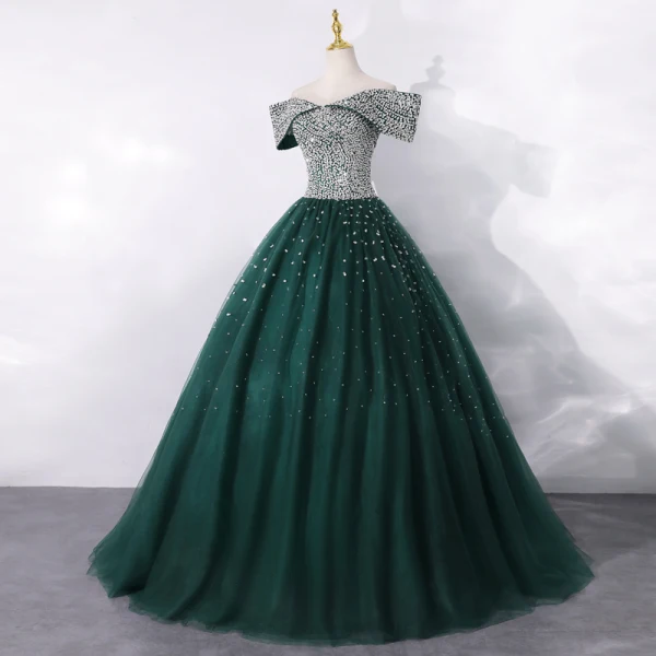 High-end Dark Green Dancing Prom Dresses 2020 A-Line / Princess Off-The-Shoulder Short Sleeve Sequins Floor-Length / Long Ruffle Backless Formal Dresses