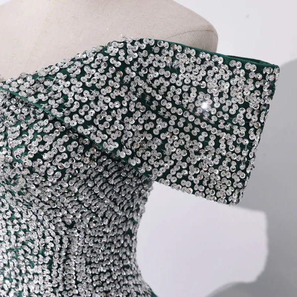 High-end Dark Green Dancing Prom Dresses 2020 A-Line / Princess Off-The-Shoulder Short Sleeve Sequins Floor-Length / Long Ruffle Backless Formal Dresses