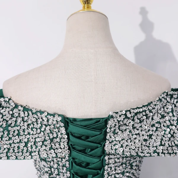 High-end Dark Green Dancing Prom Dresses 2020 A-Line / Princess Off-The-Shoulder Short Sleeve Sequins Floor-Length / Long Ruffle Backless Formal Dresses