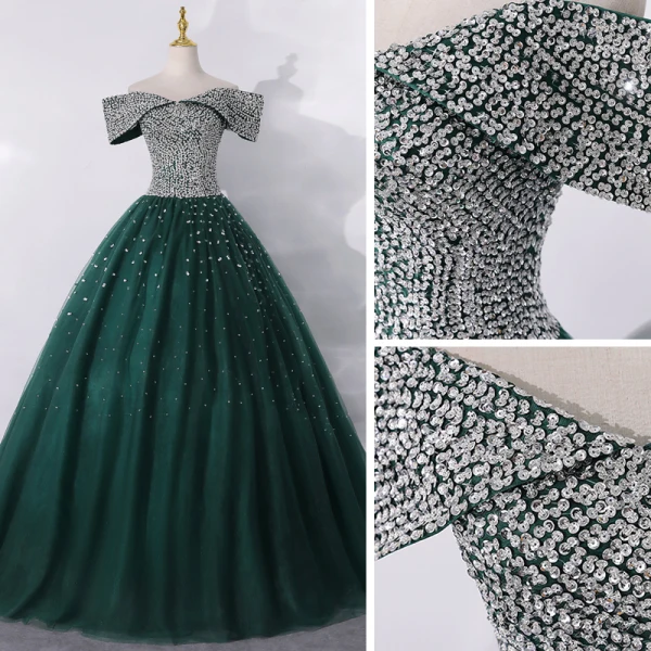 High-end Dark Green Dancing Prom Dresses 2020 A-Line / Princess Off-The-Shoulder Short Sleeve Sequins Floor-Length / Long Ruffle Backless Formal Dresses