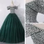 High-end Dark Green Dancing Prom Dresses 2020 A-Line / Princess Off-The-Shoulder Short Sleeve Sequins Floor-Length / Long Ruffle Backless Formal Dresses