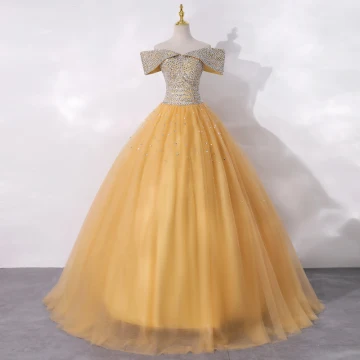 High End Gold Dancing Prom Dresses 2020 A Line Princess Off The Shoulder Short Sleeve Beading Sequins Floor Length Long Ruffle Backless Formal Dresses