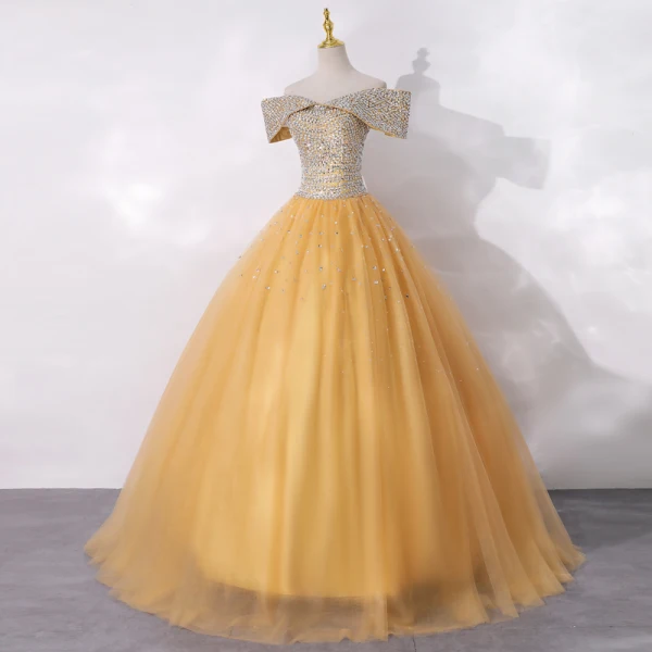 High-end Gold Dancing Prom Dresses 2020 A-Line / Princess Off-The-Shoulder Short Sleeve Beading Sequins Floor-Length / Long Ruffle Backless Formal Dresses