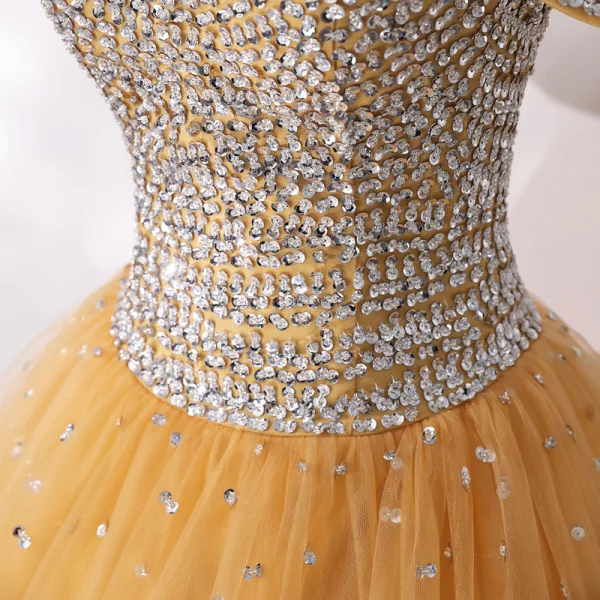 High-end Gold Dancing Prom Dresses 2020 A-Line / Princess Off-The-Shoulder Short Sleeve Beading Sequins Floor-Length / Long Ruffle Backless Formal Dresses