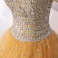 High-end Gold Dancing Prom Dresses 2020 A-Line / Princess Off-The-Shoulder Short Sleeve Beading Sequins Floor-Length / Long Ruffle Backless Formal Dresses