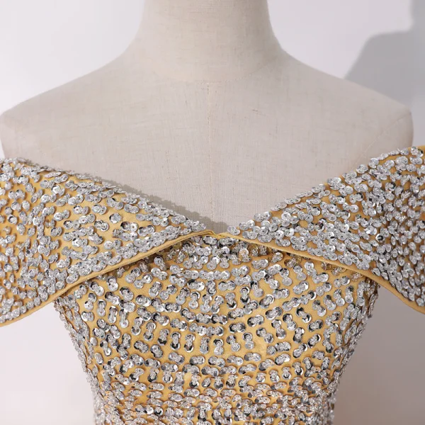 High-end Gold Dancing Prom Dresses 2020 A-Line / Princess Off-The-Shoulder Short Sleeve Beading Sequins Floor-Length / Long Ruffle Backless Formal Dresses