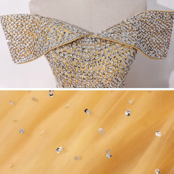 High-end Gold Dancing Prom Dresses 2020 A-Line / Princess Off-The-Shoulder Short Sleeve Beading Sequins Floor-Length / Long Ruffle Backless Formal Dresses