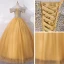 High-end Gold Dancing Prom Dresses 2020 A-Line / Princess Off-The-Shoulder Short Sleeve Beading Sequins Floor-Length / Long Ruffle Backless Formal Dresses