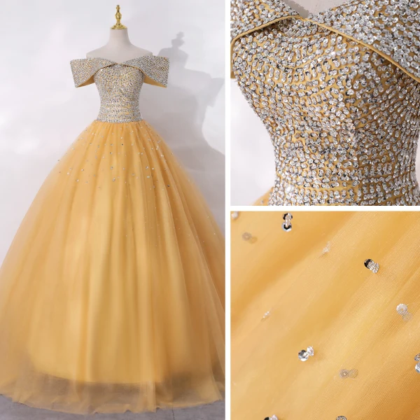 High-end Gold Dancing Prom Dresses 2020 A-Line / Princess Off-The-Shoulder Short Sleeve Beading Sequins Floor-Length / Long Ruffle Backless Formal Dresses